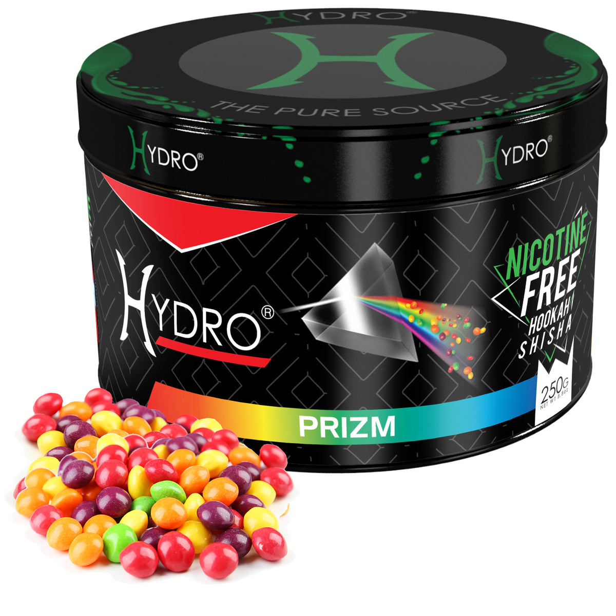 Hydro NIC-FREE 250g jar, Prizm signature blend, surrounded by candy